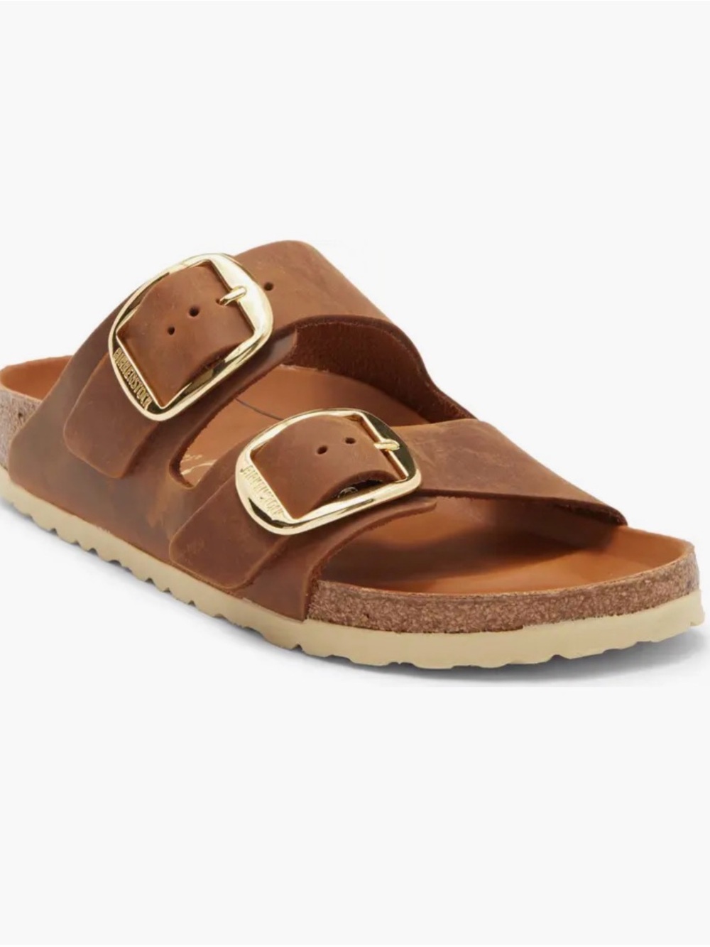 Birkenstock Arizona Big Buckle Slide Sandal in Antique Cognac Oiled Leather